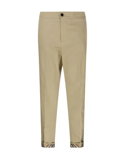 Burberry Tailored Fit Cotton Pants With Distinctive Cuffs In Neutral