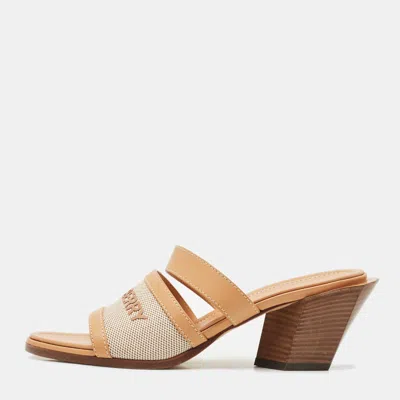 Pre-owned Burberry Tan Fabric And Leather Slide Sandals Size 38 In Brown
