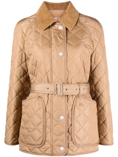 Burberry Tan Quilted Jacket With Vintage Check Lining For Women In Beige