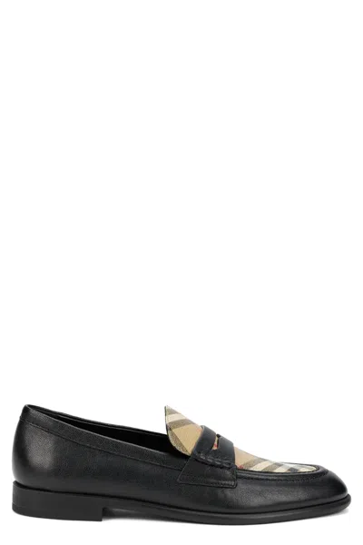 Burberry Tartan Leather Moccasin Loafer For Women In Black