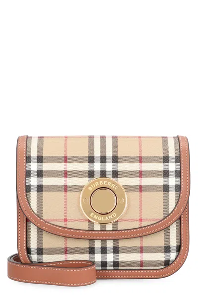 Burberry Tartan Motif Beige Mini Crossbody Handbag With Embellished Button Fastening In Burgundy