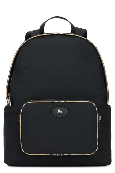Burberry Tartan-trim Backpack With Zip Pockets And Adjustable Straps (15 Cm X 40 Cm X 32 Cm) In Black