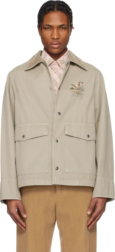 Burberry Cotton Jacket With Corduroy Collar And Embroidered Detail In Heron