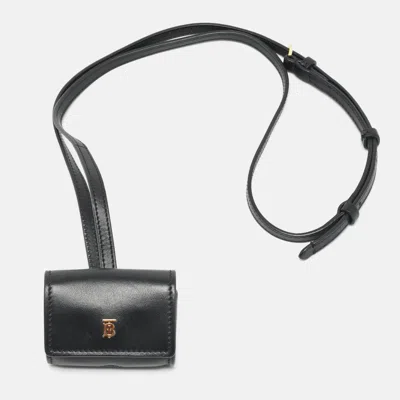 Pre-owned Burberry Tb Black Leather Airpod Case With Strap