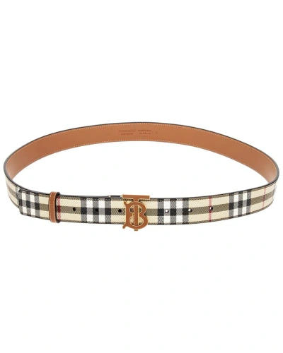 Burberry Tb Check E-canvas & Leather Belt In Beige