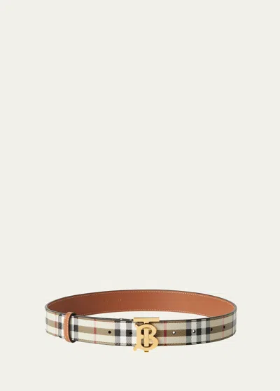 Burberry Tb Check Leather & Silk Belt In Vcheck Light Gold