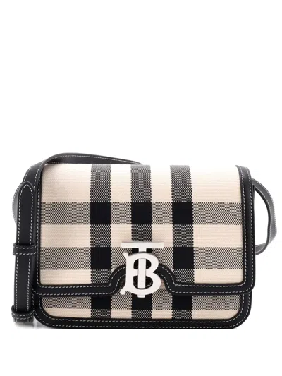 Pre-owned Burberry Tb Flap Bag Check Canvas Small Crossbody Bag In Neutral