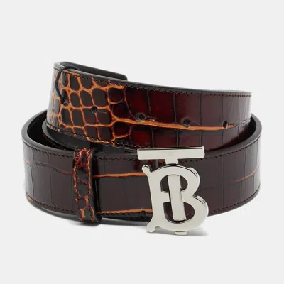 Pre-owned Burberry Tb Logo 80cm Belt Brown Crocodile Embossed Leather