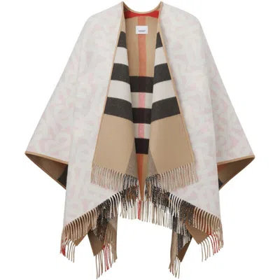 Pre-owned Burberry Tb Monogram Half Mega Cape Wool Cashmere Blush In Pink
