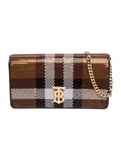 Pre-owned Burberry Tb Monogram Lola Check Sequins Wallet On Chain In Brown