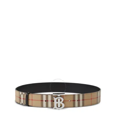 Burberry Tb Plaque Buckle Check Reversible Belt In Silver Tone/beige