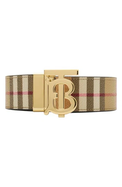 Burberry Tb Plaque Check Reversible Belt In Black-archive Beige