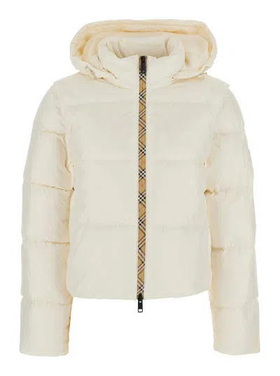 Burberry Tech Fabric Puffer Jacket With High Collar And Front Zip In White