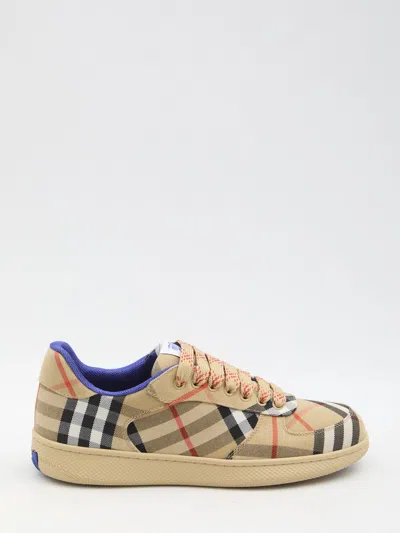 Burberry Men Beige Low Top Sneakers With Check Motif In Mixed Tech Fabrics Man In Brown