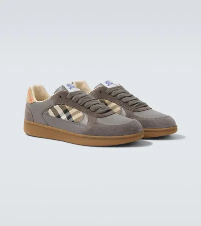 Burberry Tower Grey And Sand Beige Leather And Check Terrace Sneakers In Gray