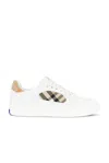 Burberry Men Low-top Leather Sneakers With Check Inserts In White & Sand Ip Check