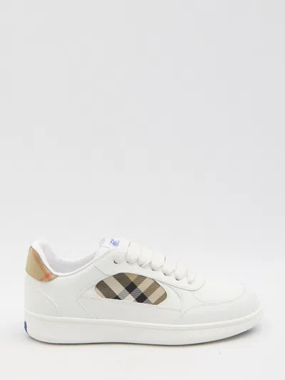 Burberry Low-top Leather Sneakers With Check Inserts In White