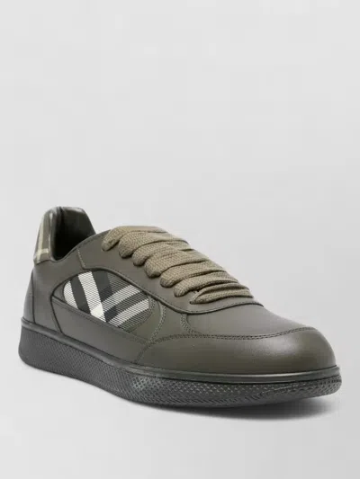 Burberry Equestrian Knight Lace-up Leather Sneakers With Woven Check Side Panels In Green