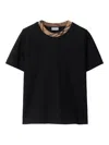 Burberry Black Crewneck T-shirt With Ckeck Motif On The Collar In Cotton Woman