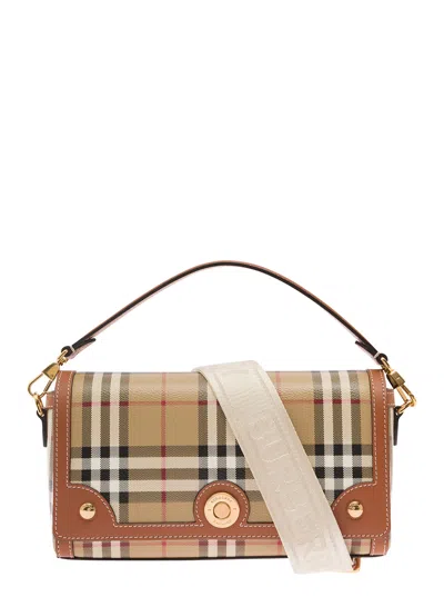 Burberry The Note Bag With All-over Check Pattern In Brown Leather Woman In Leather Brown