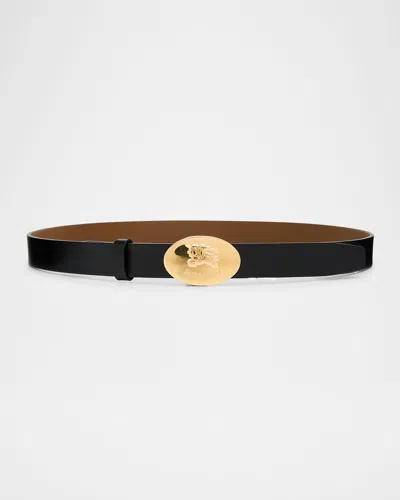 Burberry Thin Reversible Leather Knight Stamp Belt In Black