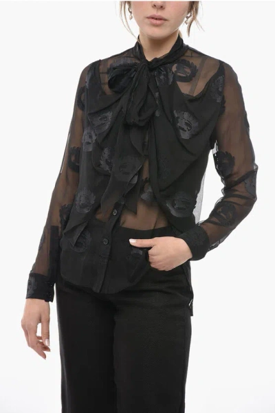 Burberry Tie Neck Jacquard Silk Blend Shirt In Black