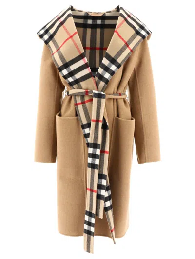 Burberry Tie-waist Hooded Wrap Coat In Beige