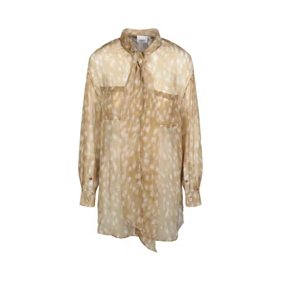 Pre-owned Burberry Tied Deer Printed Silk Blouse 'tan' | Women's Size 10 In Brown