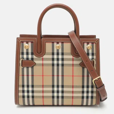 Pre-owned Burberry Title Baby Beige/brown Canvas And Leather Tote In Sand