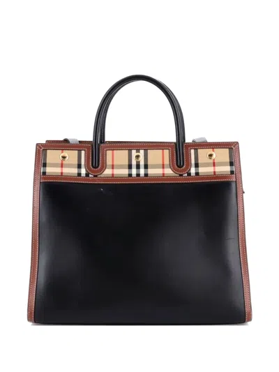 Pre-owned Burberry Title Two Handle Tote Leather With Vintage Check Canvas Medium Satchel In Black