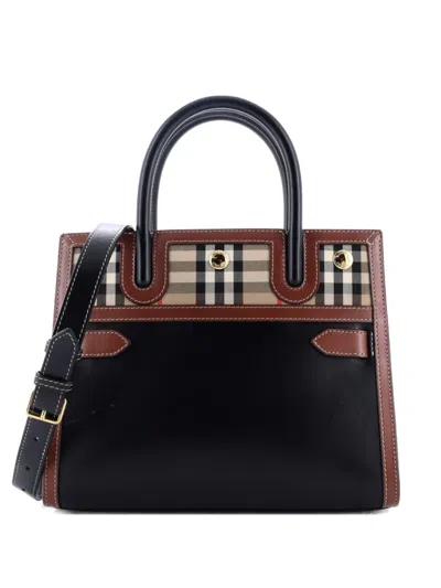 Pre-owned Burberry Title Two Handle Tote Leather With Vintage Check Canvas Mini Satchel In Black