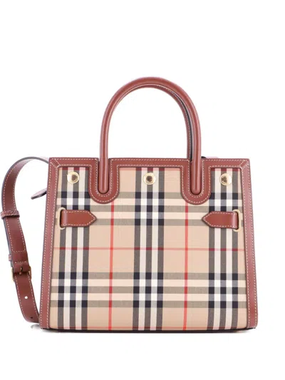 Pre-owned Burberry Title Two Handle Vintage Check Canvas And Leather Mini Tote Bag In Neutral