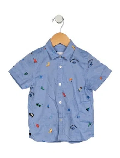 Pre-owned Burberry Babies' Toddler Boys Branded Embroidered Shirt In Blue