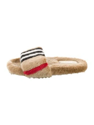 Pre-owned Burberry Babies' Toddler Girls' Fur Trim Slides In Neutral
