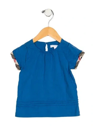 Pre-owned Burberry Babies' Toddler Girls' House Check Trim Short Sleeve Shirt In Blue