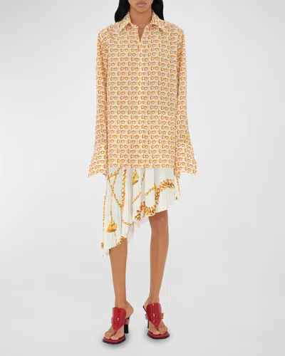 Burberry Toggle-print Silk Button-down Top In Goldwhite