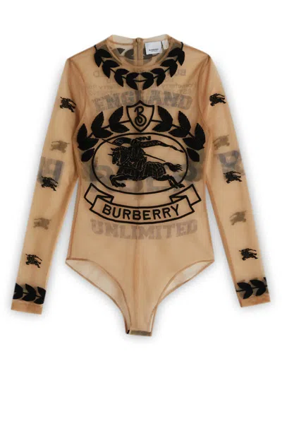 Burberry Sheer Fabric Embroidered Long Sleeve Bodysuit In Beige