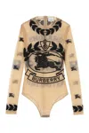 Burberry Sheer Fabric Embroidered Long Sleeve Bodysuit In Beige