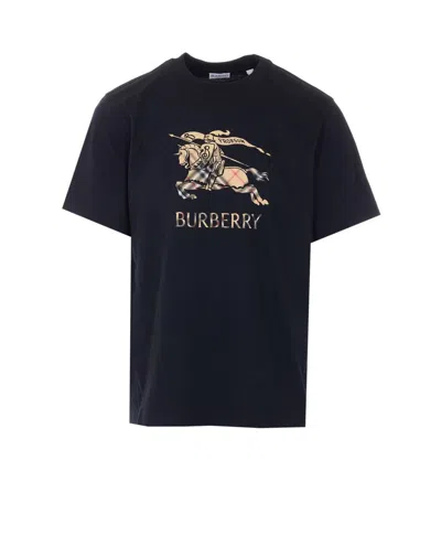 Burberry Equestrian Knight Cotton T-shirt In Black