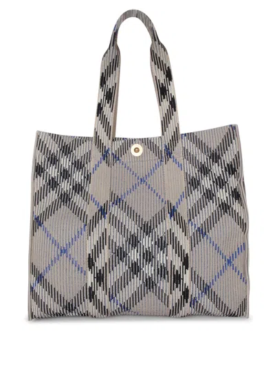 Burberry Check Media Canvas Tote Bag In Black