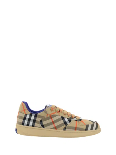 Burberry Men Beige Low Top Sneakers With Check Motif In Mixed Tech Fabrics Man In Brown