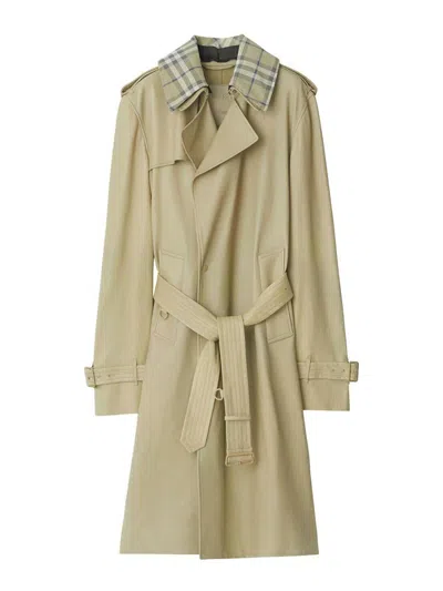 Burberry Leather Trench Coat With Check Collar In Hunter