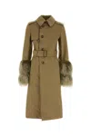 Burberry Cotton Blend Trench Coat With Fur Cuffs In Brown