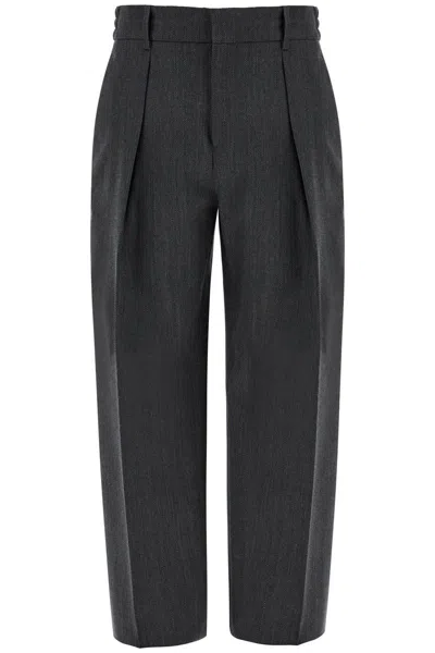 Burberry Wide Woolen Checked Trousers In Gray