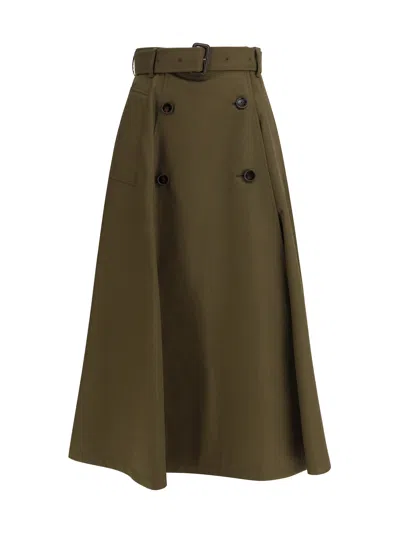 Burberry Women Juniper Green Gabardine Midi Trench Skirt In Brown