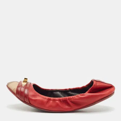 Pre-owned Burberry Tricolor Leather And House Check Canvas Buckle Detail Scrunch Ballet Flats Size 38 In Burgundy