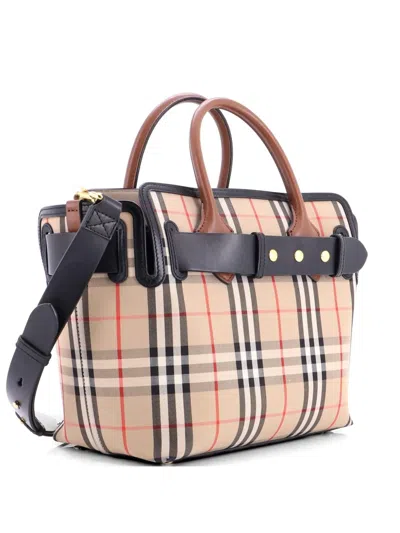 Pre-owned Burberry Triple Stud Belt Vintage Check Canvas Small Tote Bag In Black