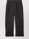 Burberry Black Pants With Logo Embroidery On The Side And Turn-up Checked Hem In Cotton Man