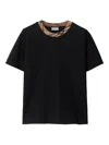 Burberry Black Crewneck T-shirt With Ckeck Motif On The Collar In Cotton Woman