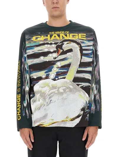 Burberry T-shirt In Synthetic Fabric With Swan Print In Multi